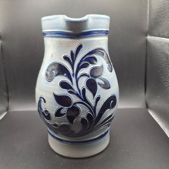 Vintage German Stoneware Pitcher With Blue Floral Motif Signed Paul Schmitter - Picture 1 of 8